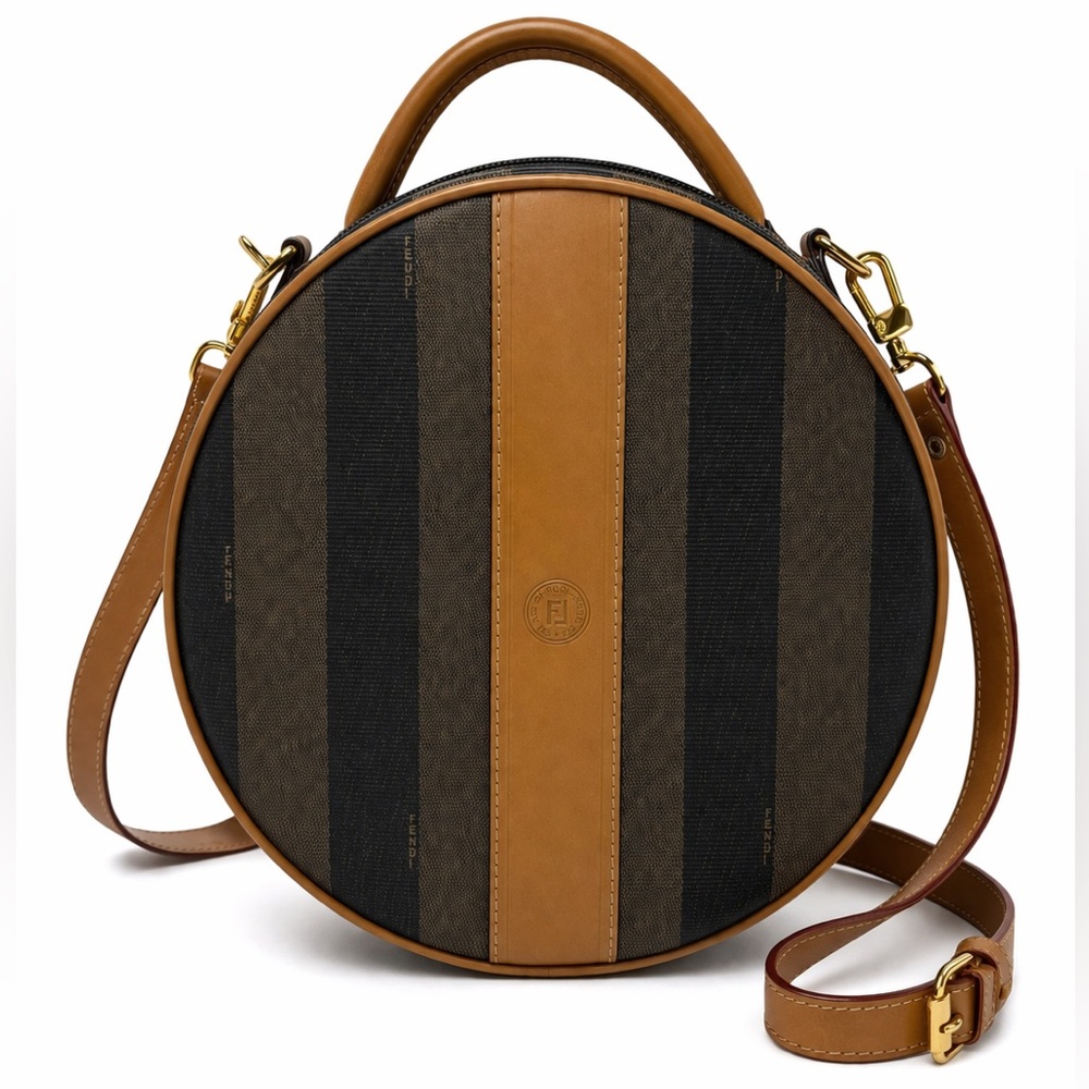 Fendi Round Striped Crossbody Bag in Brown and Tan Leather Trim